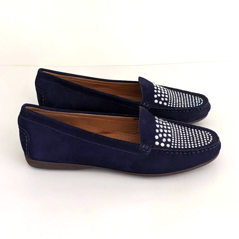 Wirth Navy Blue Suede Rhinestone Loafers Moccasins Flats Women's 8